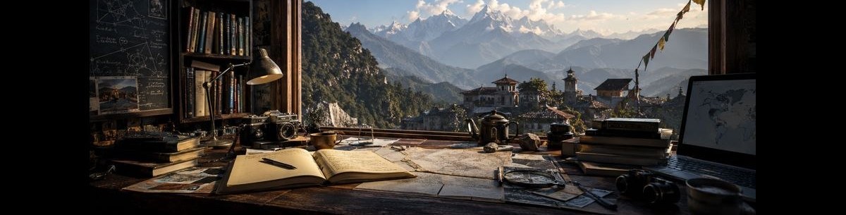 Rick&rsquo;s mountain study — Himalayan peaks, a camera, a telescope, chalkboard constellations