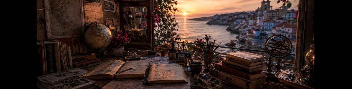 Riley&rsquo;s coastal study — sea, hand-drawn maps, a globe, translated books