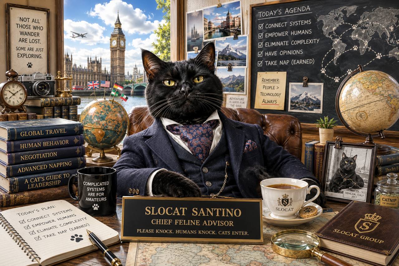 Sonny — a black cat in a suit at his study, globes and a teacup