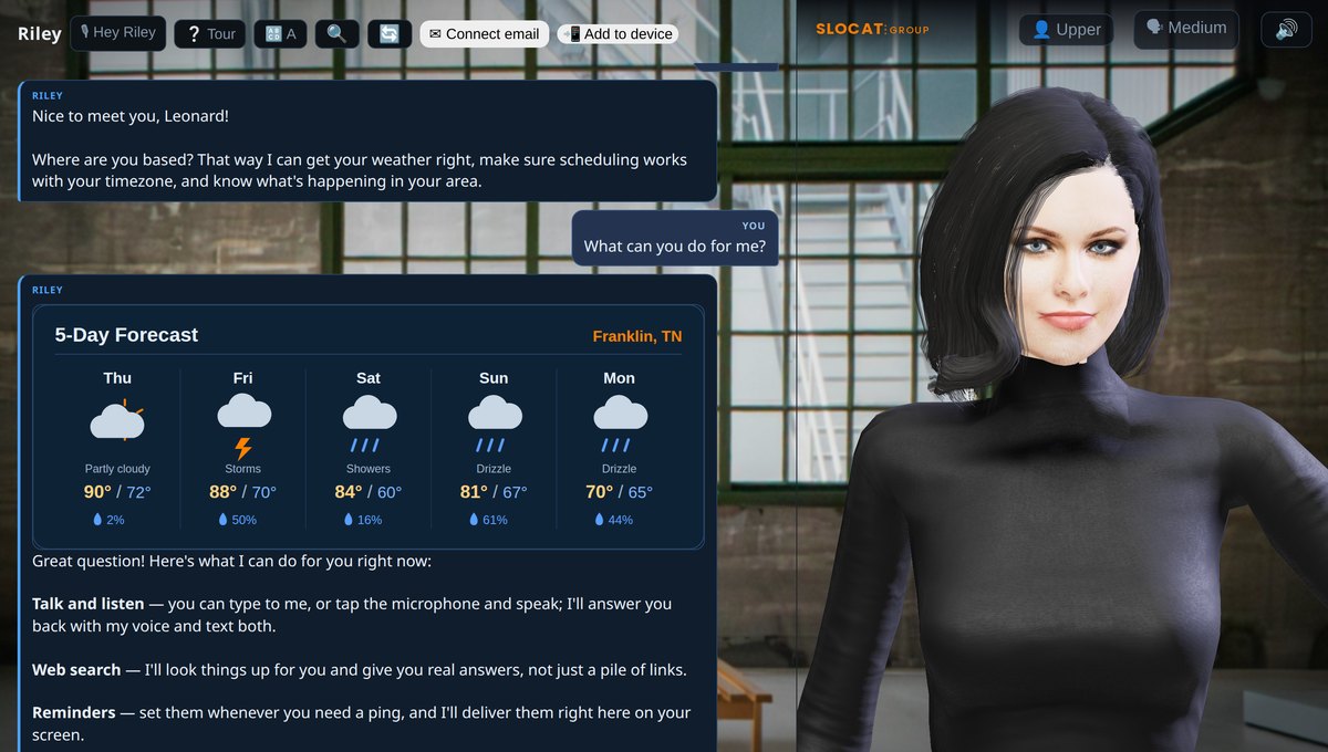 The Slocat Personal Agent showing a live weather card and a list of what it can do