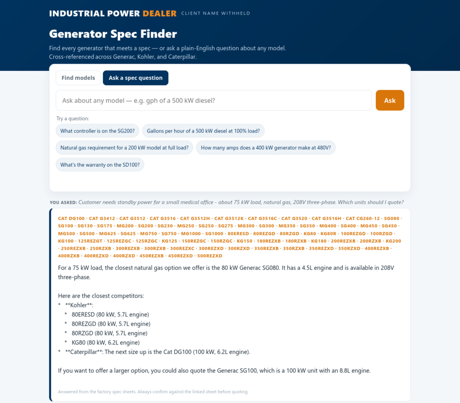 The spec-finder tool answering a live sizing question, client branding withheld