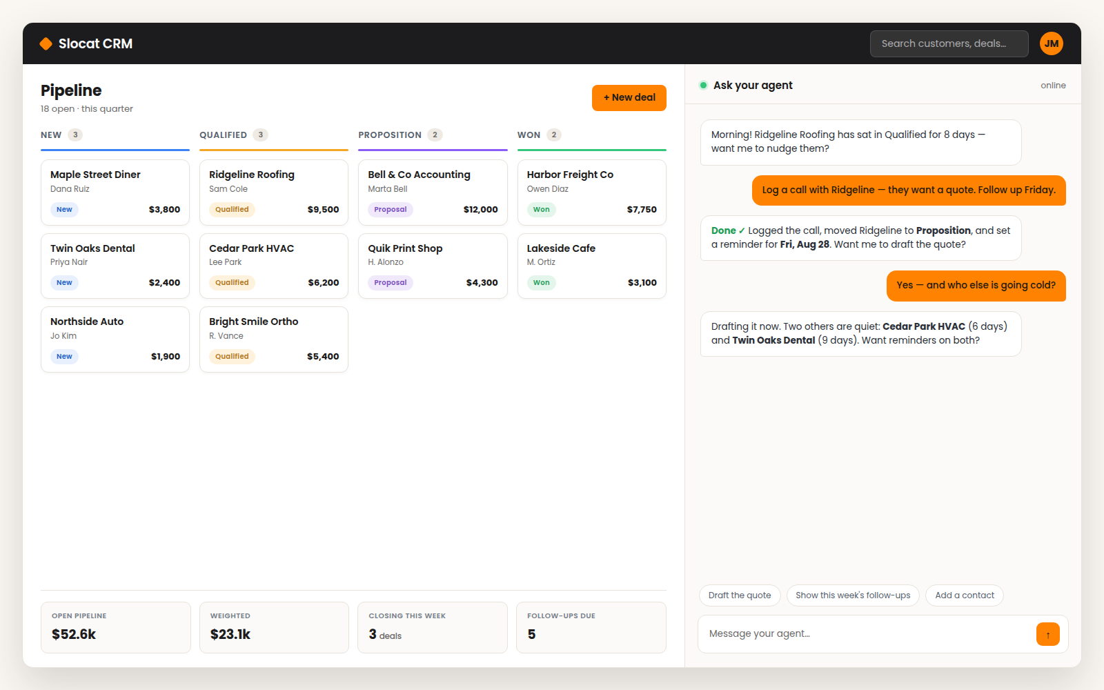 Slocat CRM — customer pipeline run by an AI agent